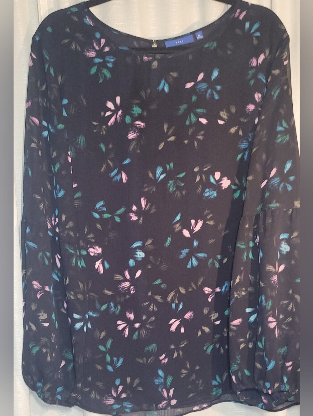 Apt. 9 Sheer Lined Navy Floral Print Long Sleeve Blouse